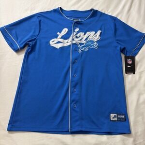 Detroit Lions Jersey Mens Medium Blue Button Up NFL Ultra Game Baseball Mesh NWT